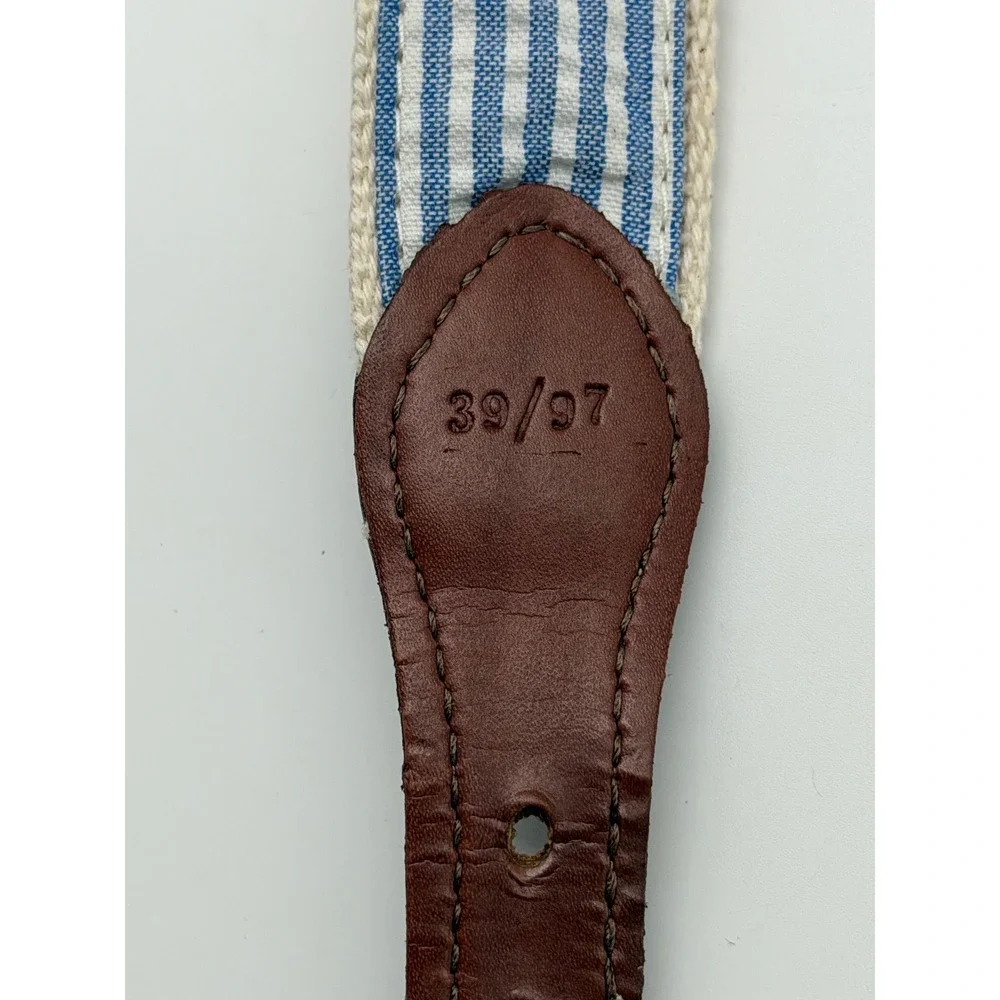 Mens Canvas Seersucker Lined Surcingle Belt Brown Leather Cream Blue 38 97